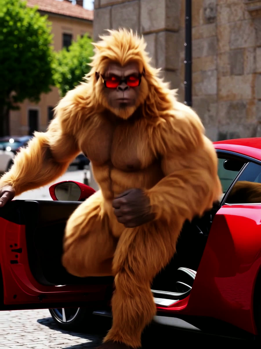 Golden Gorilla stepping out of a red sports car