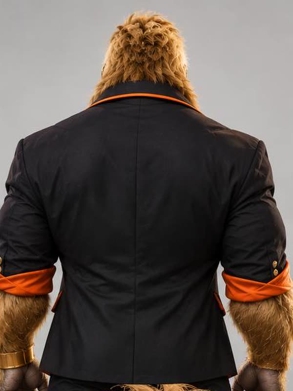 Golden Gorilla in his black blazer with orange trim, seen from behind