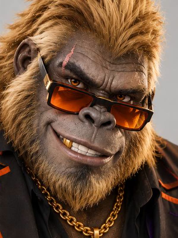 Golden Gorilla smiling with a gold chain