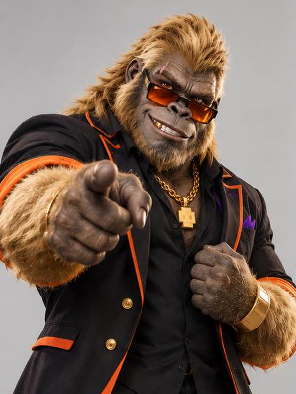 Golden Gorilla in a blazer pointing at the camera