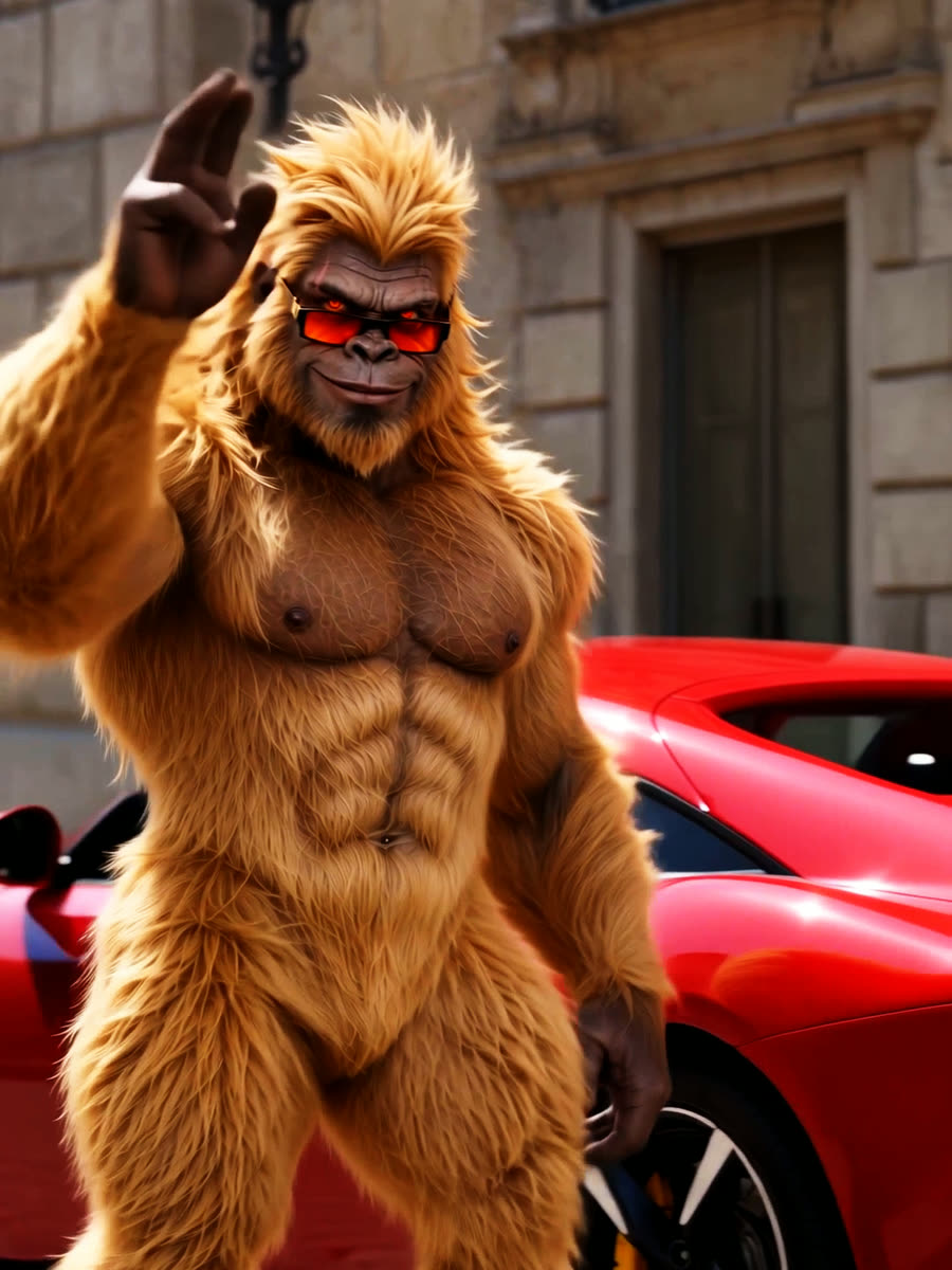 Golden Gorilla waving beside a red sports car